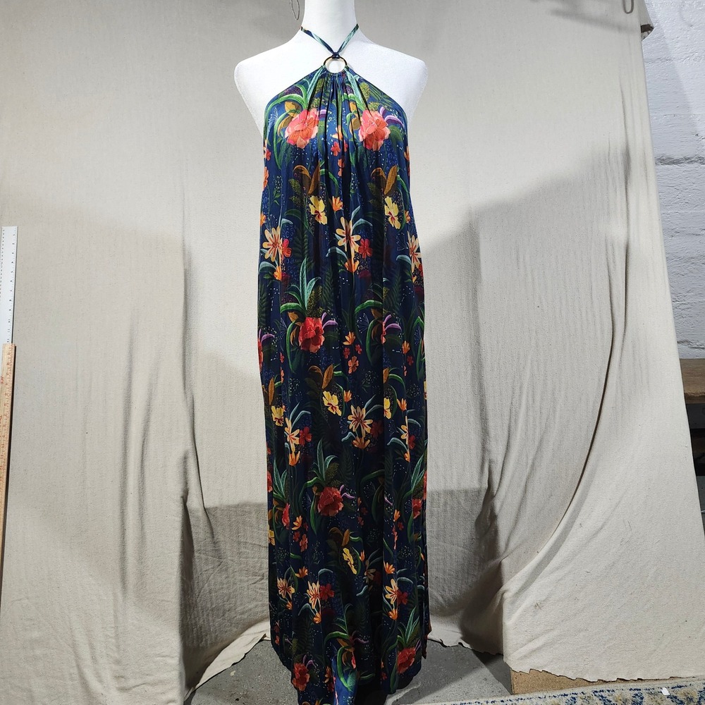 Shore Women L Tropical Floral Leopard Ring Halter Open Back Satin Maxi Dress Blu